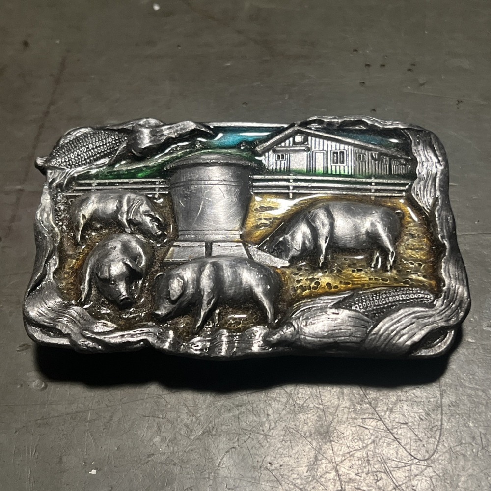 Vintage 1984 Bergamot Brass Works Belt Buckle L‑150 Farm Scene Pigs Made In USA